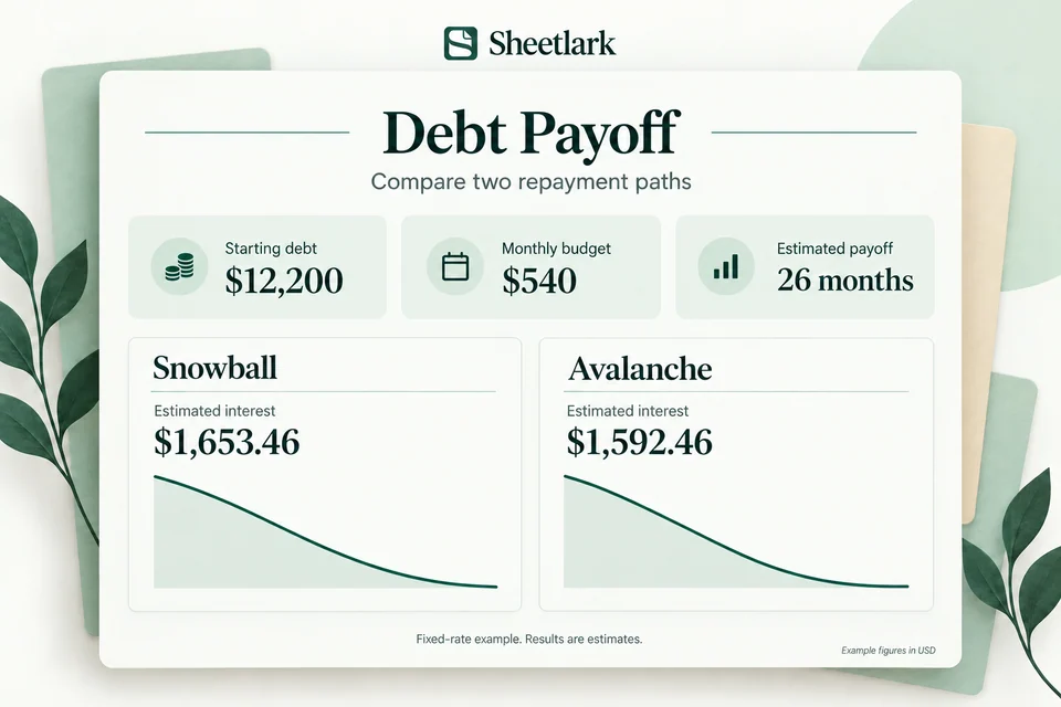 Debt Payoff product illustration comparing snowball and avalanche estimates with a $540 monthly payment budget.