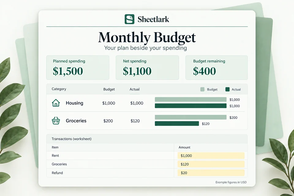 Monthly Budget product illustration: $1,500 planned spending, $1,100 net spending and $400 budget remaining.
